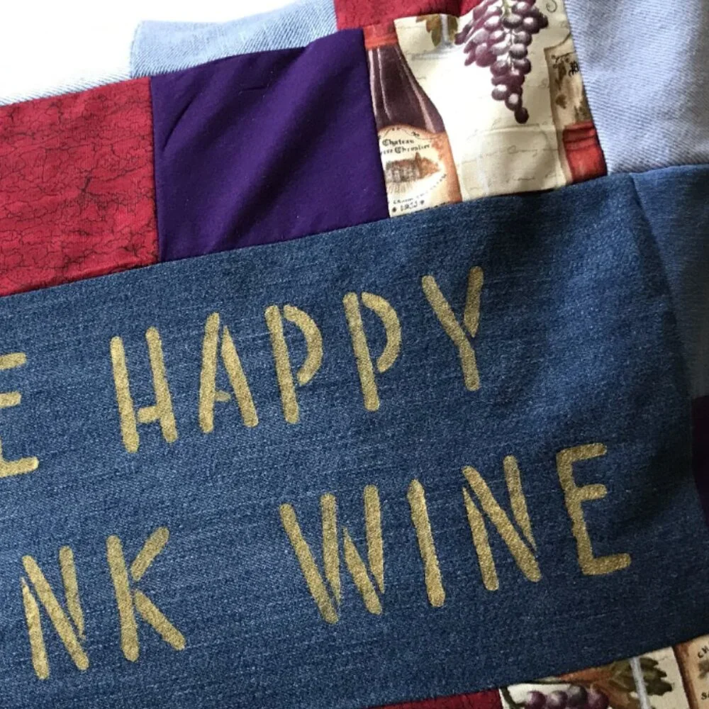 Wine Pillow Cover, 18 x 18, Handmade Vino Home Decor Patchwork Recycled Fabric